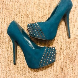 Teal green studded platform heels